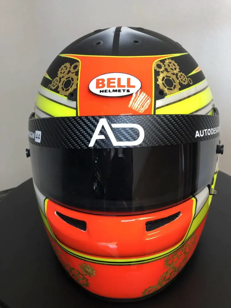 Casque karting – Fluo mat brillant & feuilles d’or